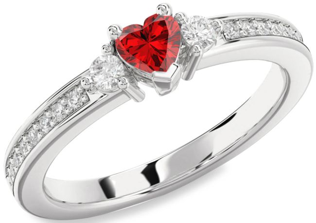 Diamond Ruby Silver Heart Three Stone Engagement Ring