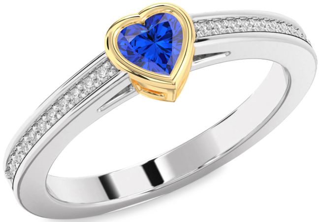 Diamond Blue Sapphire Gold Silver Heart Pave Promise Ring