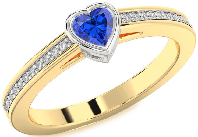 Diamond Blue Sapphire Platinum & Yellow Gold Heart Pave Promise Ring