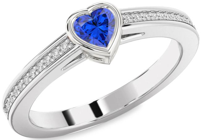 Diamond Blue Sapphire Platinum Heart Pave Promise Ring