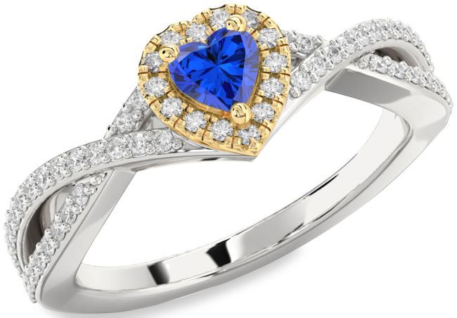 Diamond Blue Sapphire Gold Silver Heart Pave Promise Ring