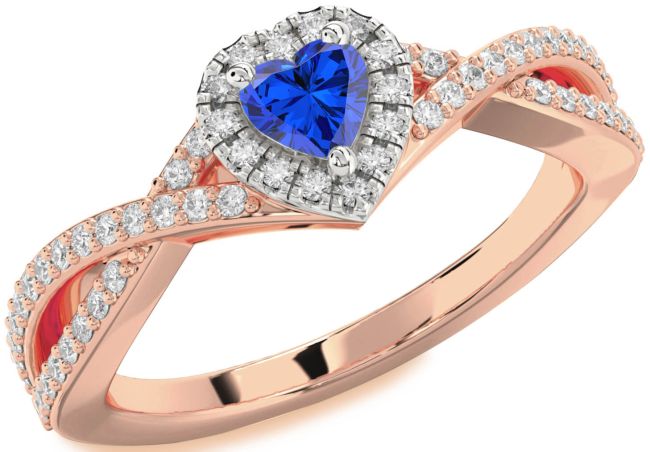 Diamond Blue Sapphire Rose Gold Silver Heart Pave Promise Ring