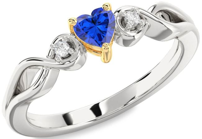 Diamond Blue Sapphire White Yellow Gold Heart Knot Three Stone Engagement Ring