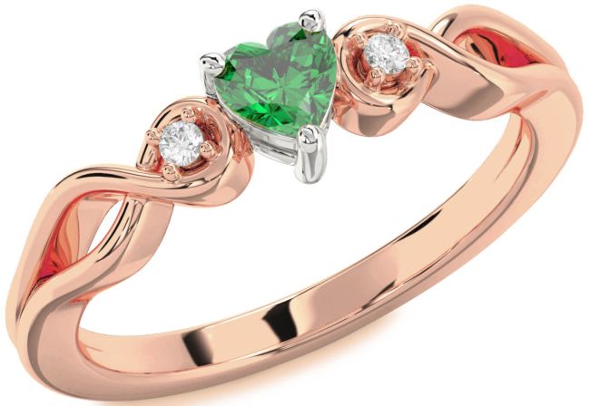 Diamond Emerald Platinum & Rose Gold Heart Knot Three Stone Engagement Ring