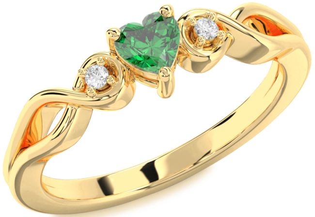 Diamond Emerald Gold Heart Knot Three Stone Engagement Ring