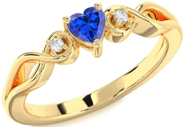Diamond Blue Sapphire Gold Heart Knot Three Stone Engagement Ring