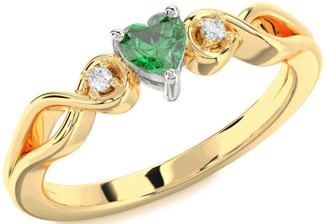 Diamond Emerald Platinum & Yellow Gold Heart Knot Three Stone Engagement Ring