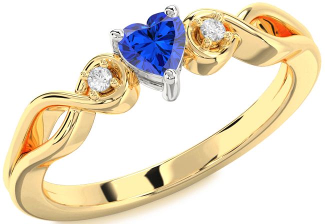 Diamond Blue Sapphire Platinum & Yellow Gold Heart Knot Three Stone Engagement Ring