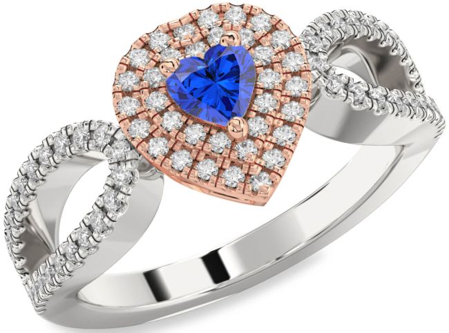 Diamond Blue Sapphire Platinum & Rose Gold Heart Pave Promise Ring