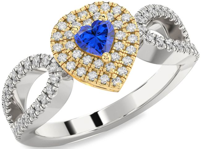 Diamond Blue Sapphire Platinum & Yellow Gold Heart Pave Promise Ring