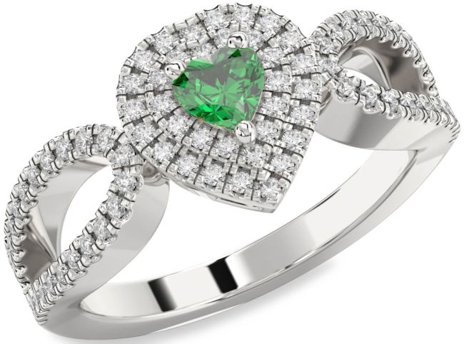 Diamond Emerald Silver Heart Pave Promise Ring