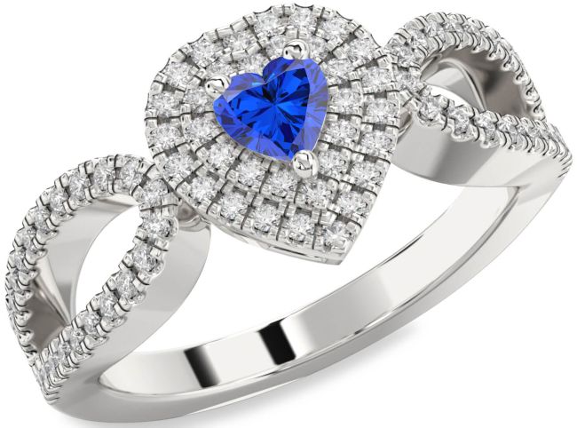 Diamond Blue Sapphire Platinum Heart Pave Promise Ring