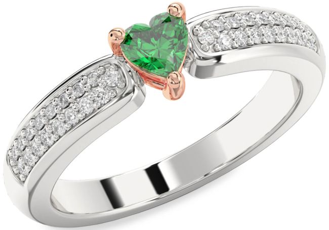 Diamond Emerald Platinum & Rose Gold Heart Pave Promise Ring