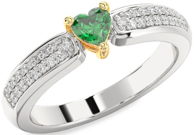 Diamond Emerald Silver & 10K gold Heart Pave Promise Ring