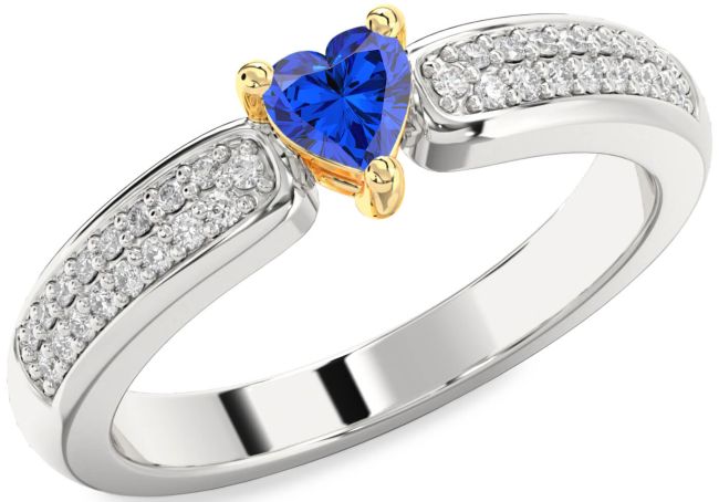 Diamond Blue Sapphire Gold Silver Heart Pave Promise Ring