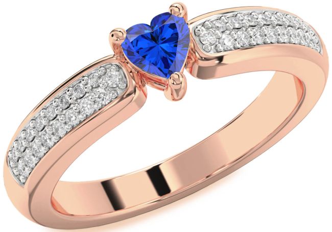 Diamond Blue Sapphire Rose Gold Silver Heart Pave Promise Ring