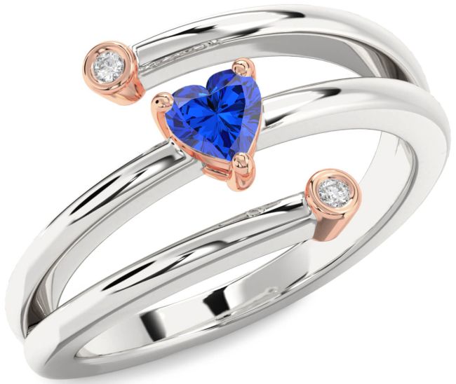 Diamond Blue Sapphire Rose Gold Silver Heart Promise Ring