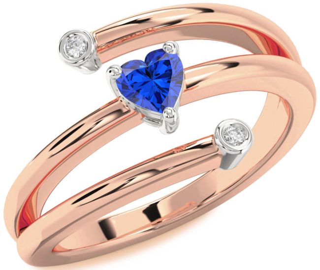 Diamond Blue Sapphire Rose Gold Silver Heart Promise Ring