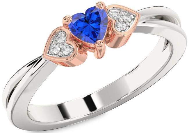 Diamond Blue Sapphire Platinum & Rose Gold Heart Promise Ring