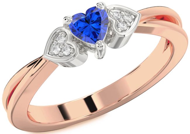 Diamond Blue Sapphire Rose Gold Silver Heart Promise Ring