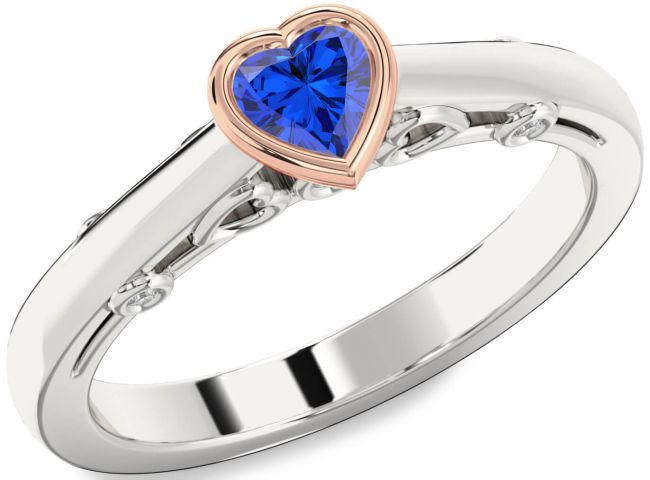 Diamond Blue Sapphire Rose Gold Silver Heart Promise Ring