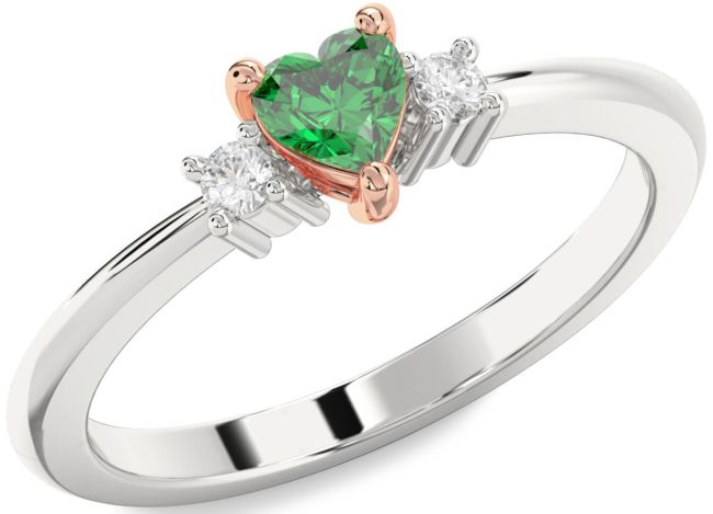Diamond Emerald Rose Gold Silver Heart Three Stone Engagement Ring