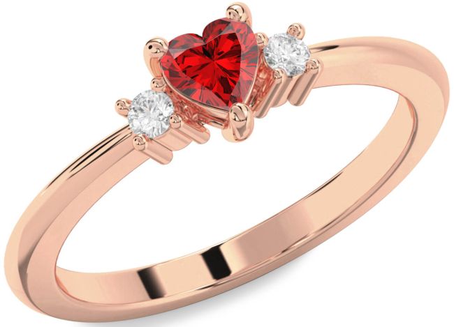 Diamond Ruby Rose Gold Heart Three Stone Engagement Ring