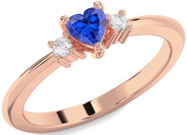 Diamond Blue Sapphire Rose Gold Silver Heart Three Stone Engagement Ring