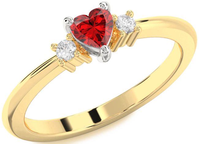 Diamond Ruby White Yellow Gold Heart Three Stone Engagement Ring