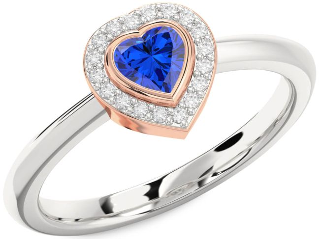 Diamond Blue Sapphire Rose Gold Silver Heart Promise Ring