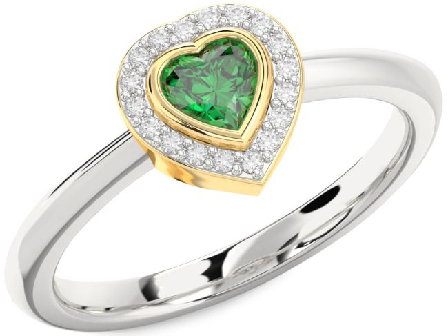 Diamond Emerald Silver & 10K gold Heart Promise Ring