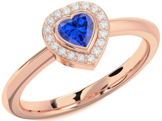 Diamond Blue Sapphire Rose Gold Silver Heart Promise Ring