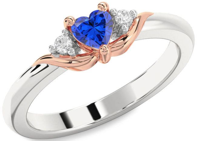 Diamond Blue Sapphire Platinum & Rose Gold Heart Three Stone Engagement Ring