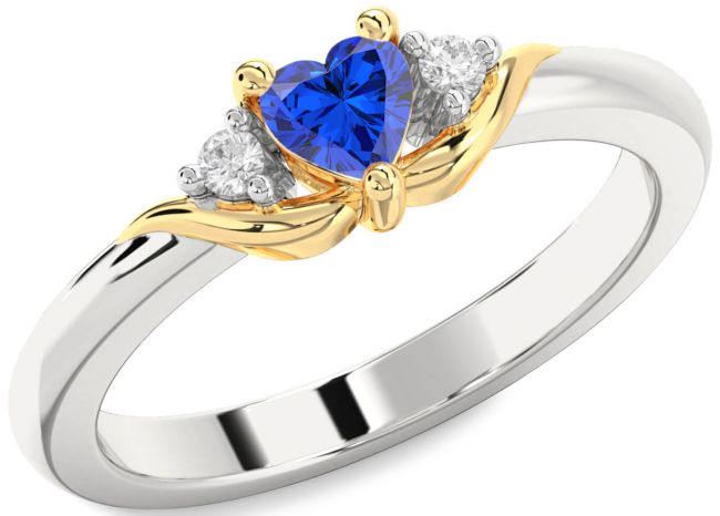 Diamond Blue Sapphire Platinum & Yellow Gold Heart Three Stone Engagement Ring