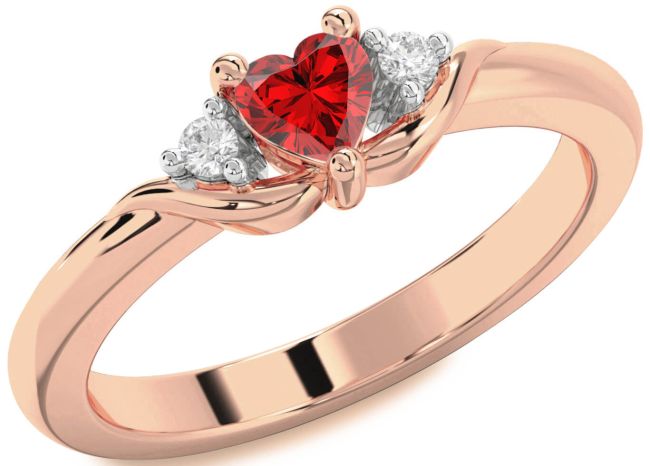 Diamond Ruby Rose Gold Heart Three Stone Engagement Ring