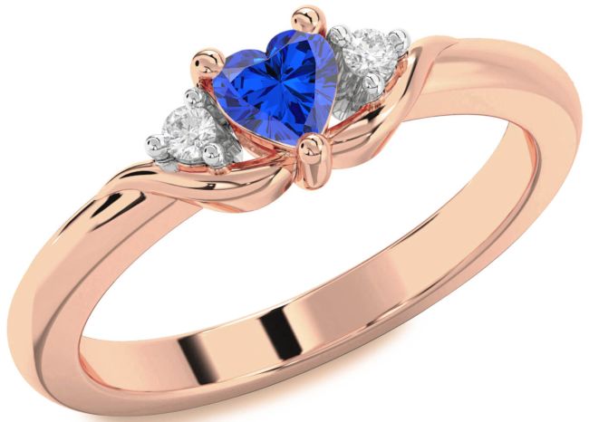 Diamond Blue Sapphire Rose Gold Silver Heart Three Stone Engagement Ring