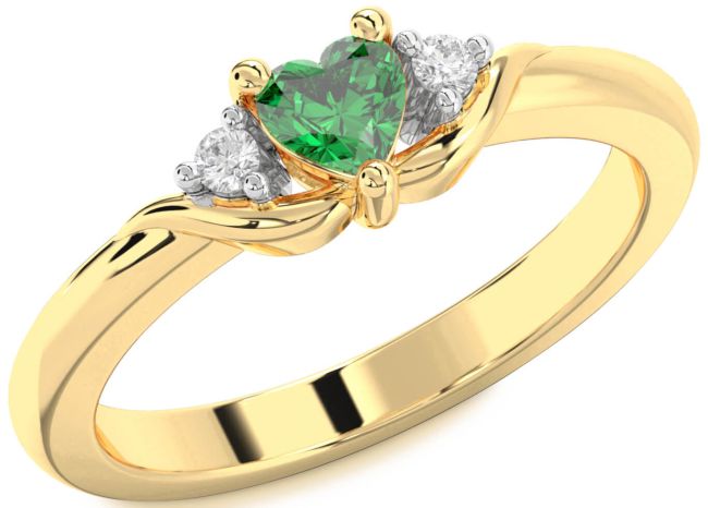 Diamond Emerald Gold Heart Three Stone Engagement Ring
