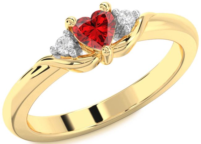 Diamond Ruby Gold Heart Three Stone Engagement Ring