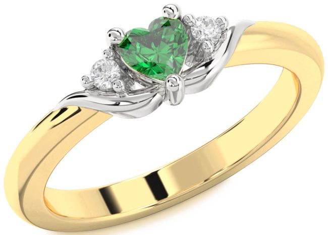 Diamond Emerald White Yellow Gold Heart Three Stone Engagement Ring