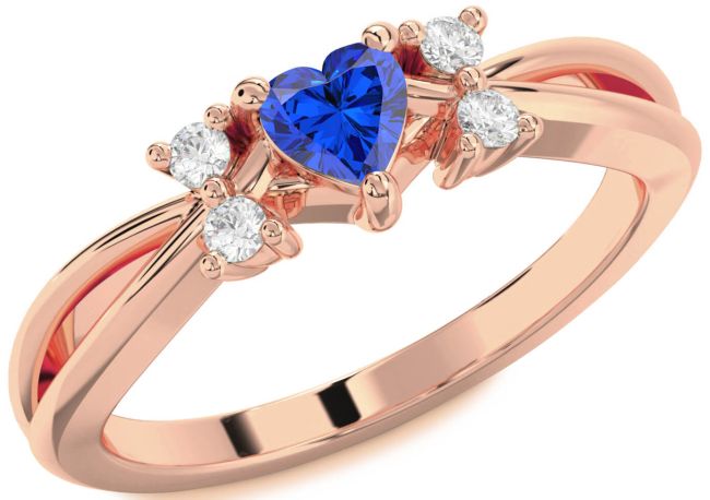 Diamond Blue Sapphire Rose Gold Silver Heart Promise Ring
