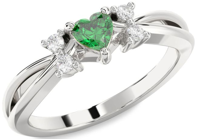 Diamond Emerald Silver Heart Promise Ring