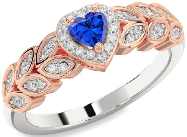 Diamond Blue Sapphire Rose Gold Silver Heart Promise Ring