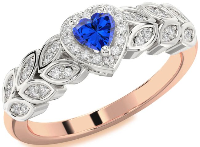 Diamond Blue Sapphire Platinum & Rose Gold Heart Promise Ring