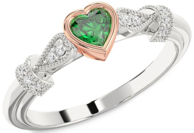 Diamond Emerald Silver & 10K Rose Gold Heart Promise Ring