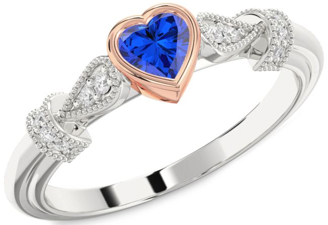 Diamond Blue Sapphire Platinum & Rose Gold Heart Promise Ring