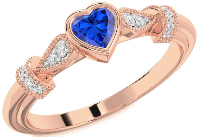 Diamond Blue Sapphire Rose Gold Silver Heart Promise Ring
