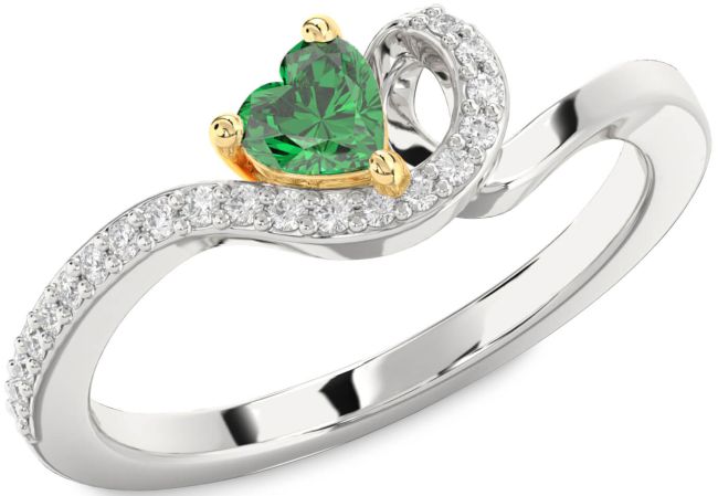Diamond Emerald Silver & 10K gold Heart Pave Promise Ring