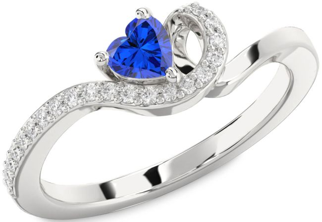 Diamond Blue Sapphire Silver Heart Pave Promise Ring