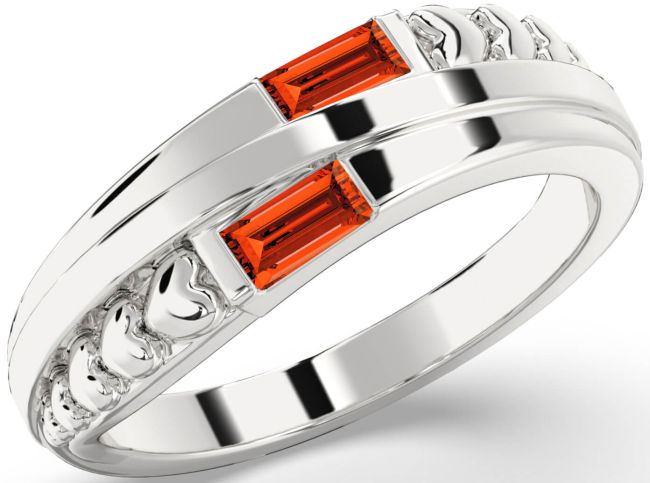 Fire Opal Silver Heart Two Stone Ring