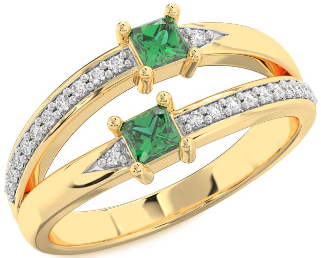 Diamond Emerald Gold Princess Two Stone Birthstone Ring